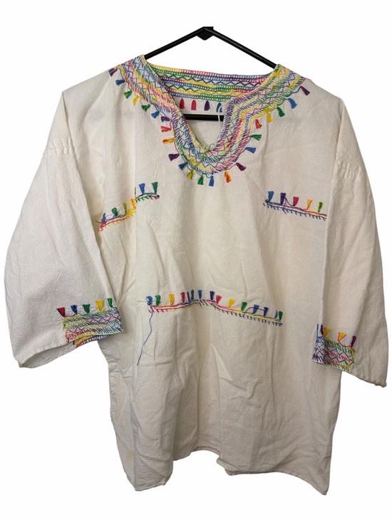Tops - Embroidered White Cotton V-Neck Tunic with Multicolor Tassel Accents